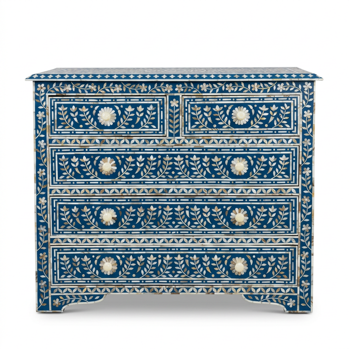 Mother of Pearl & Resin Chest of Drawers — Indigo Ground with Floral Vine & Rosette Handles