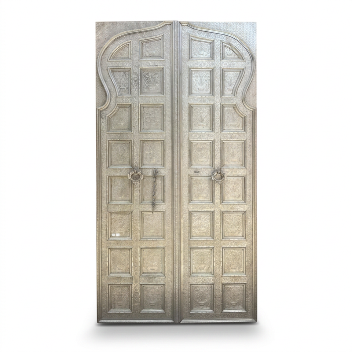 Embossed Metal & Wood Double Door — Mughal Arch Crown with Repousse Floral Panels