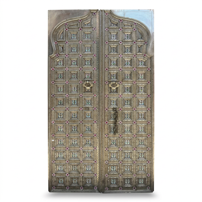 Embossed Metal & Wood Double Door — Pyramid Boss Grid with Cloisonné Enamel Rosettes