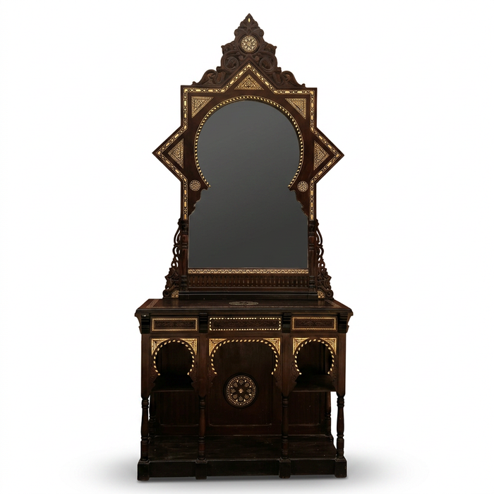 Ebonised Wood & Camel Bone Console Mirror — Eight-Pointed Star Frame with Moorish Arch Cabinet — Set of 2