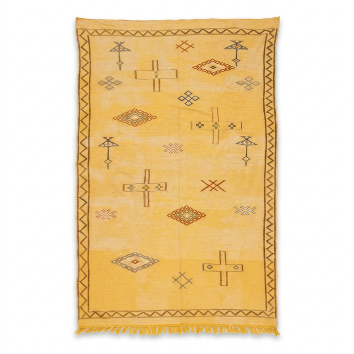 Handwoven Wool Kilim — Saffron Field with Scattered Tribal Symbols