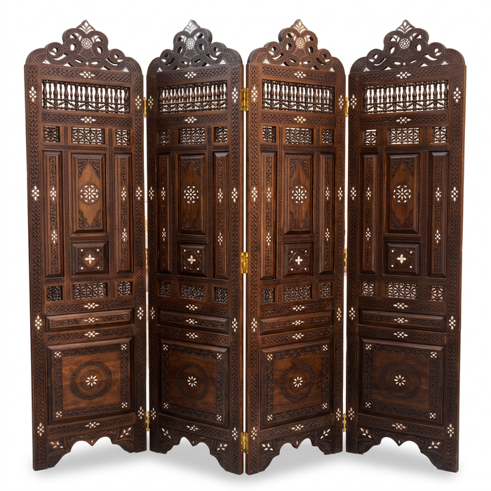 Carved Walnut & Camel Bone Room Divider — Four-Panel Arabesque Screen with Pierced Crown