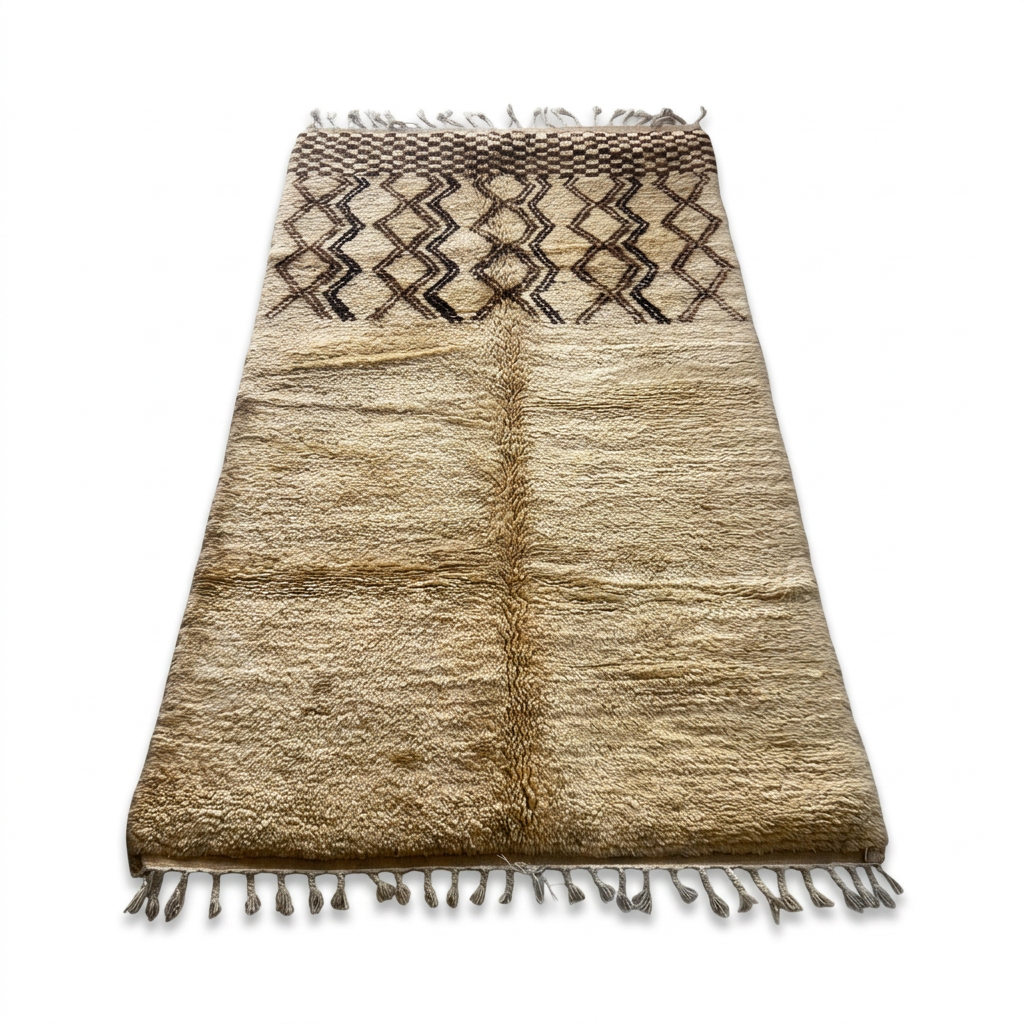 Handknotted Wool Beni Ourain Rug — Ivory Field with Diamond Zigzag Header