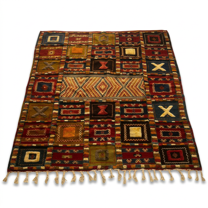 Handknotted Wool Tribal Rug — Polychrome Patchwork Field with X & Diamond Motifs