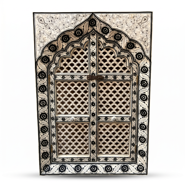 Hand-Painted Camel Bone Wall Panel — Mughal Arch Window with Pierced Lattice