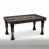 Ebonised Wood & Mother of Pearl Rectangular Dining Table — Geometric Inlay with Glass Top