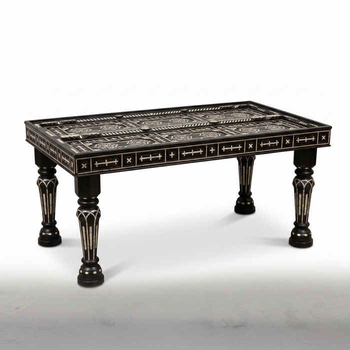 Ebonised Wood & Mother of Pearl Rectangular Dining Table — Geometric Inlay with Glass Top