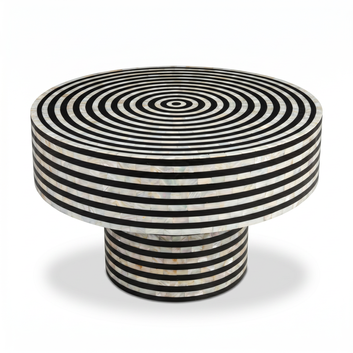 Mother of Pearl & Black Resin Round Table — Concentric Circle & Horizontal Stripe