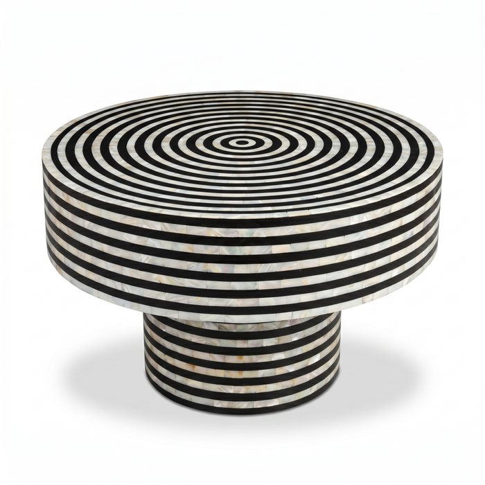 Mother of Pearl & Black Resin Round Table — Concentric Circle & Horizontal Stripe