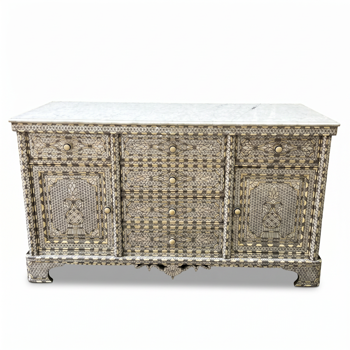 Mother of Pearl, Camel Bone & Wood Sideboard — Micro-Mosaic Geometric Inlay with White Marble Top