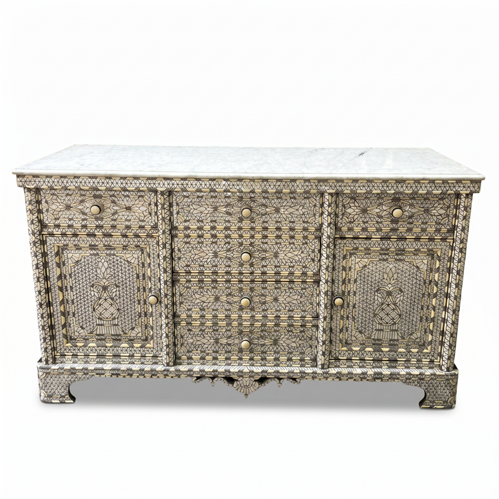 Mother of Pearl, Camel Bone & Wood Sideboard — Micro-Mosaic Geometric Inlay with White Marble Top