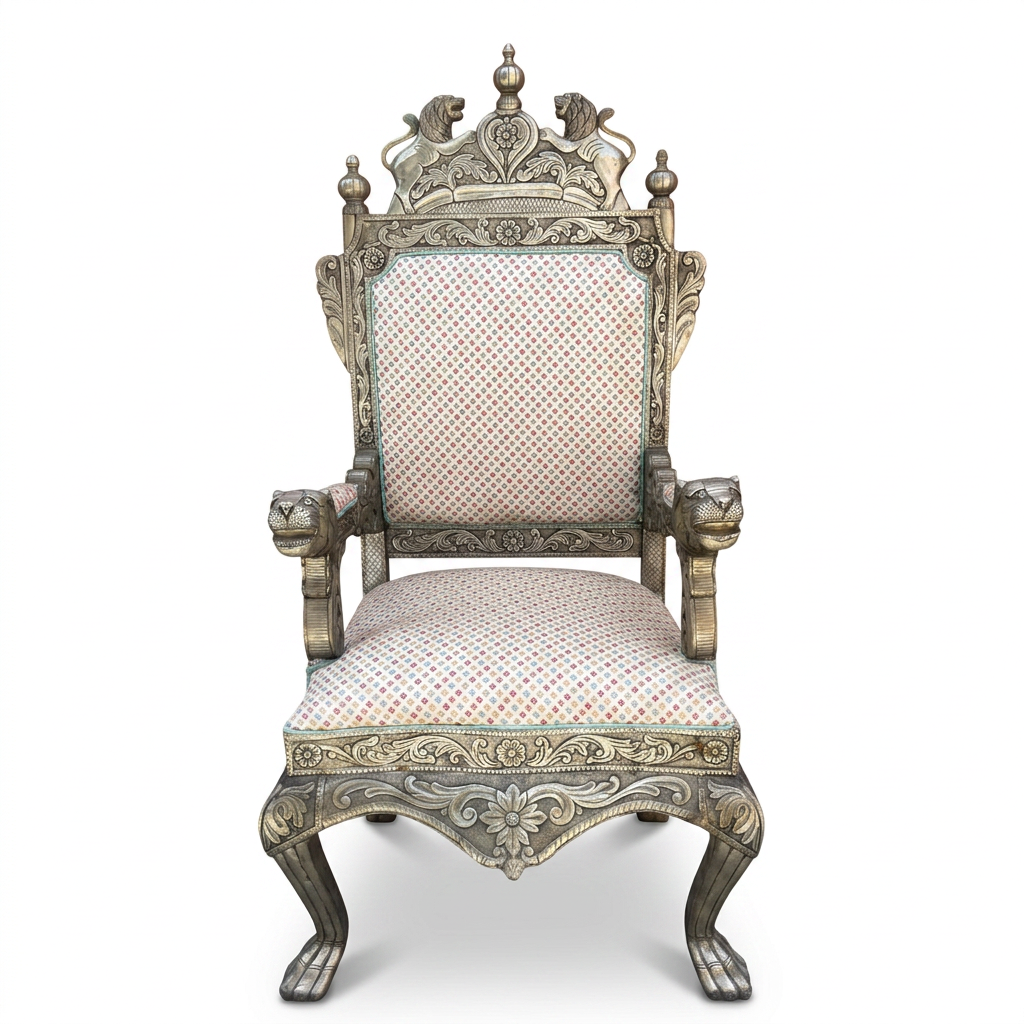 Carved Wood & Embossed Metal Throne Armchair — Lion Crown & Paw Feet with Polychrome Upholstery