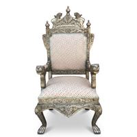 Carved Wood & Embossed Metal Throne Armchair — Lion Crown & Paw Feet with Polychrome Upholstery