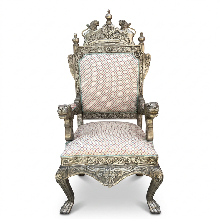 Carved Wood & Embossed Metal Throne Armchair — Lion Crown & Paw Feet with Polychrome Upholstery