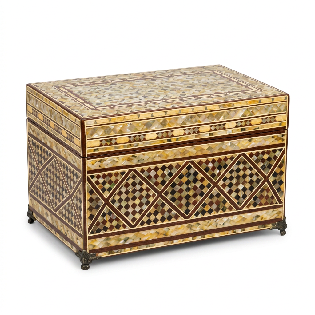 Mother of Pearl & Wood Lidded Storage Chest — Khatam Diamond Mosaic with Suede Interior