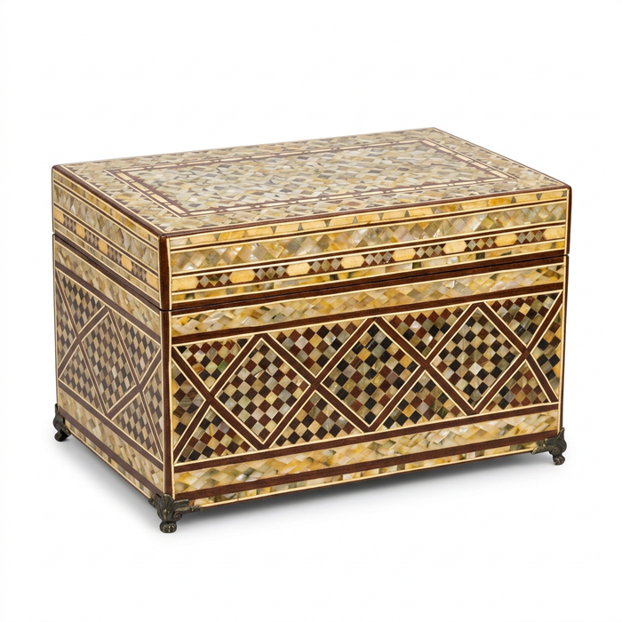 Mother of Pearl & Wood Lidded Storage Chest — Khatam Diamond Mosaic with Suede Interior