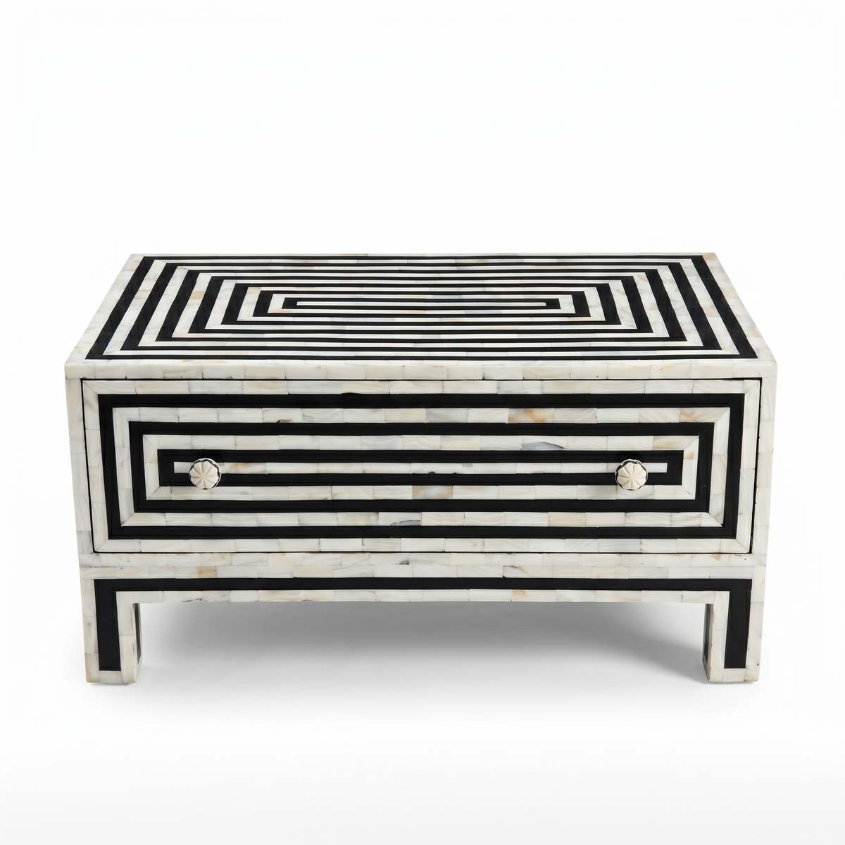 Mother of Pearl & Black Resin Coffee Table — Concentric Rectangular Stripe with Drawer
