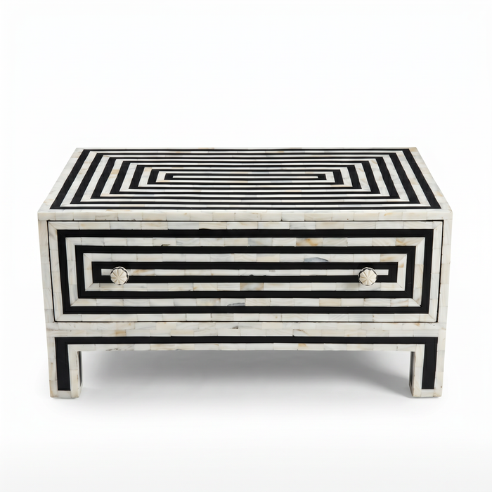 Mother of Pearl & Black Resin Coffee Table — Concentric Rectangular Stripe with Drawer