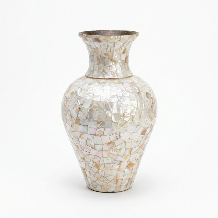 Mother of Pearl Inlaid Ceramic Vase — Mosaic Tessellated Amphora Form