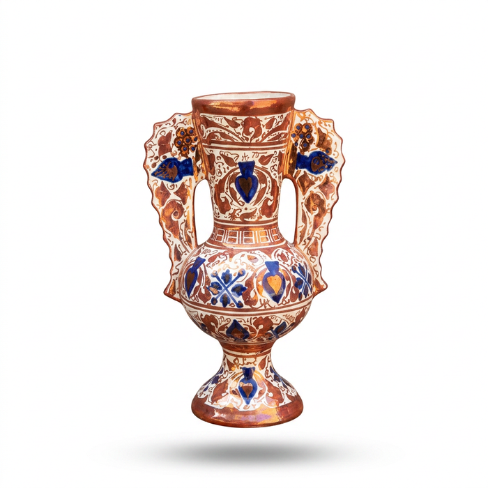 Andalusian Lustreware Ceramic Amphora — Twin Winged Handles with Cobalt & Copper Arabesque — Set of 2