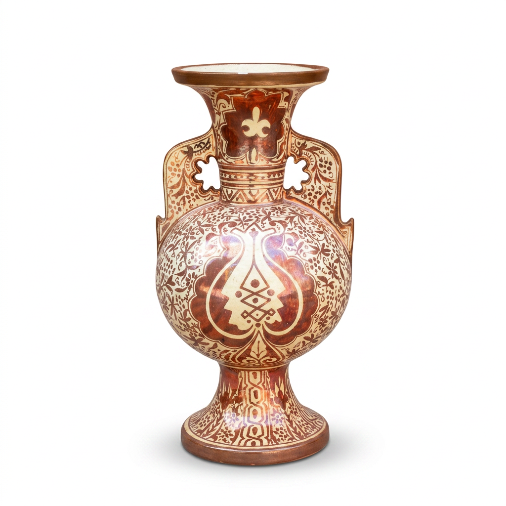 Andalusian Lustreware Ceramic Vase — Hand-Painted Arabesque on Ivory & Burnt Sienna Ground