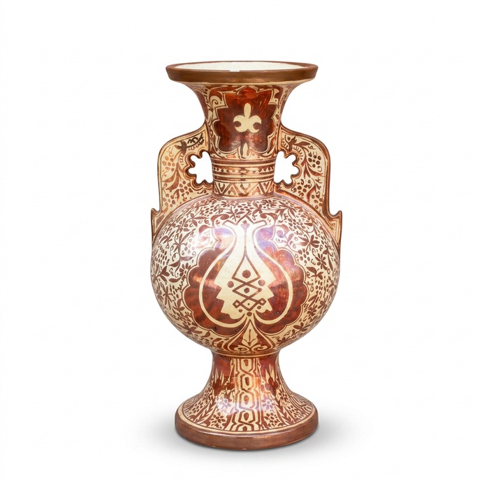 Andalusian Lustreware Ceramic Vase — Hand-Painted Arabesque on Ivory & Burnt Sienna Ground