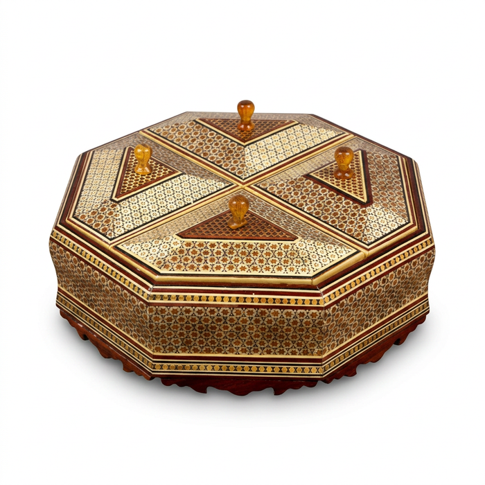 Khatam Micro-Mosaic Octagonal Box — Four-Section Lid with Wood Knobs
