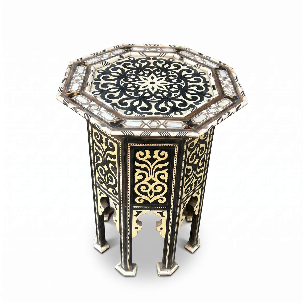 Mother of Pearl, Bone Inlay & Black Resin Octagonal Side Table — Arabesque & Gold Panel