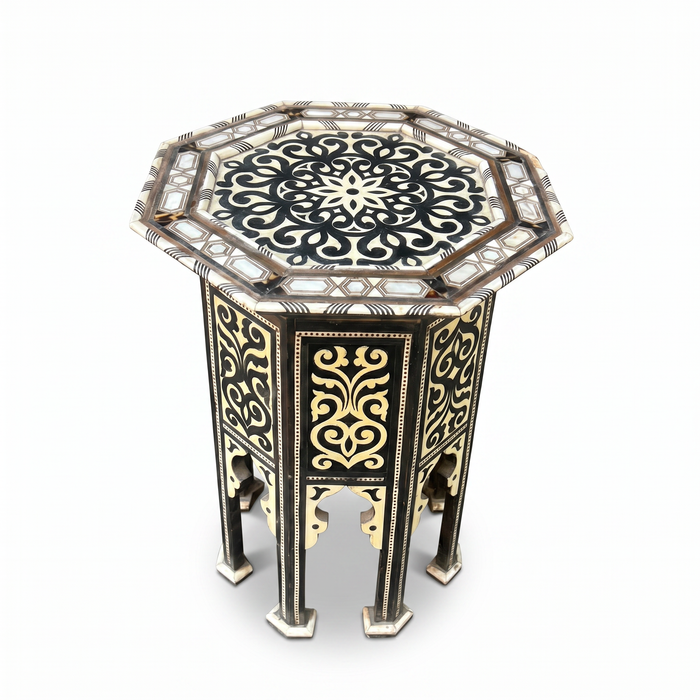 Mother of Pearl, Bone Inlay & Black Resin Octagonal Side Table — Arabesque & Gold Panel
