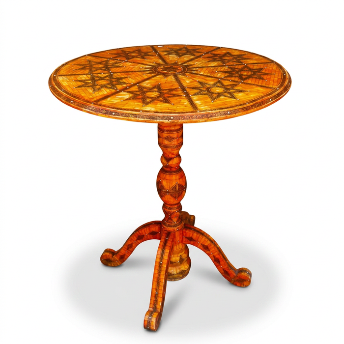 Camel Bone Round Pedestal Side Table — Geometric Star & Radial Inlay