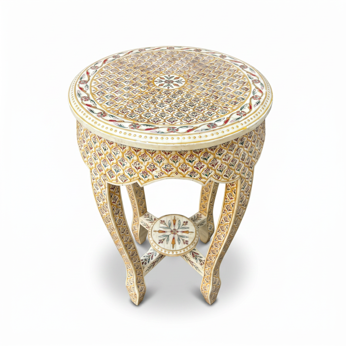 Camel Bone Round Side Table — Polychrome Floral Micro-Inlay