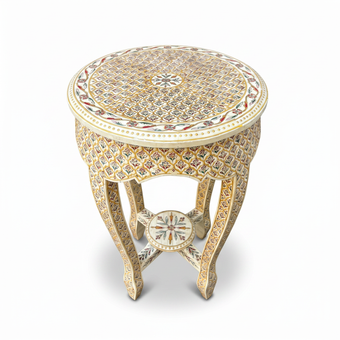 Camel Bone Round Side Table — Polychrome Floral Micro-Inlay