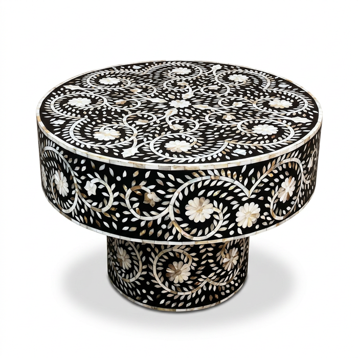 Mother of Pearl Inlaid Round Coffee Table — Ebony Ground with Floral Arabesque Vine