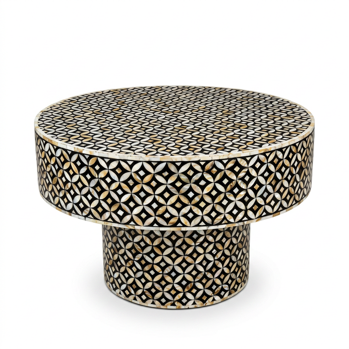Mother of Pearl Inlaid Round Coffee Table — Ebony Ground with Geometric Star & Circle Lattice