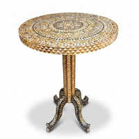 Mother of Pearl & Wood Round Pedestal Table — Khatam Geometric Mosaic — Set of 2