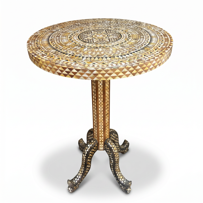 Mother of Pearl & Wood Round Pedestal Table — Khatam Geometric Mosaic — Set of 2