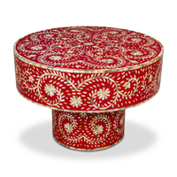 Mother of Pearl & Crimson Red Resin Round Pedestal Table — Floral Botanical Scroll Inlay