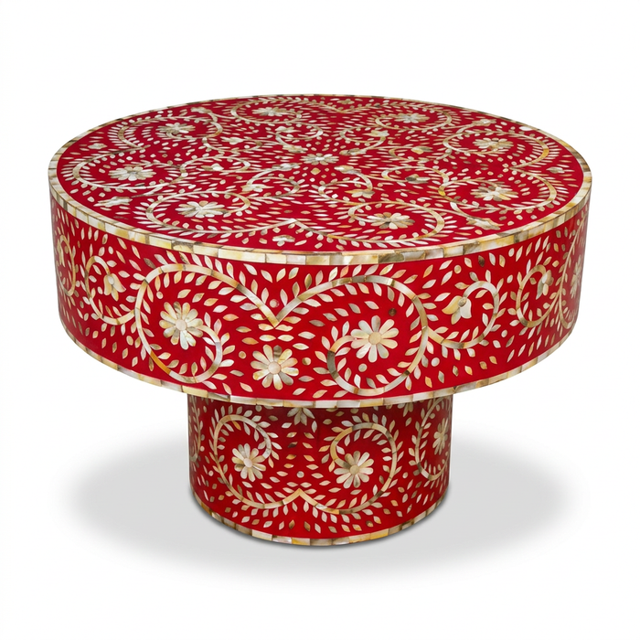 Mother of Pearl & Crimson Red Resin Round Pedestal Table — Floral Botanical Scroll Inlay