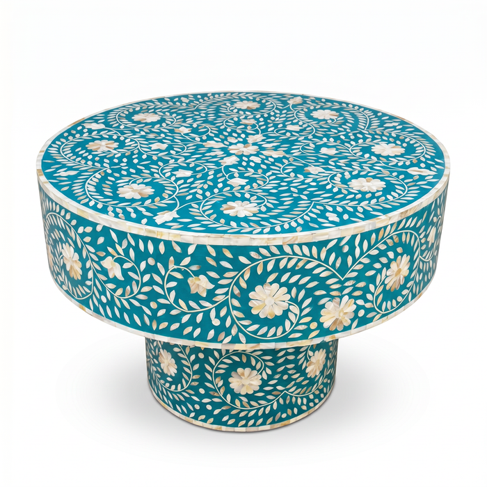 Mother of Pearl & Teal Resin Round Pedestal Table — Floral Botanical Scroll Inlay