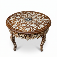 Mother of Pearl & Walnut Wood Round Coffee Table — Floral Arabesque Inlay