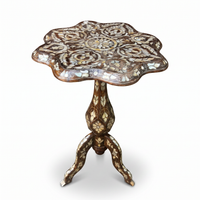 Mother of Pearl & Walnut Wood Pedestal Side Table — Scalloped Floral Inlay — Set of 2