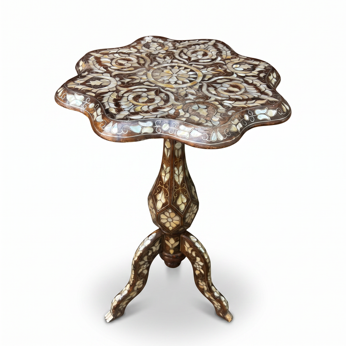 Mother of Pearl & Walnut Wood Pedestal Side Table — Scalloped Floral Inlay — Set of 2