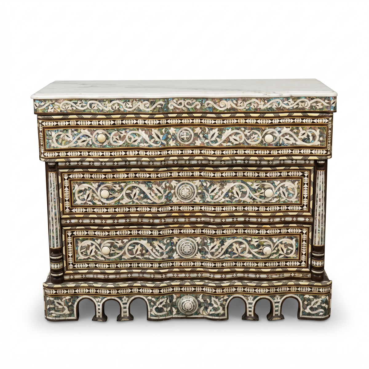 Mother of Pearl & Wood Serpentine Commode — Arabesque Inlay with White Marble Top
