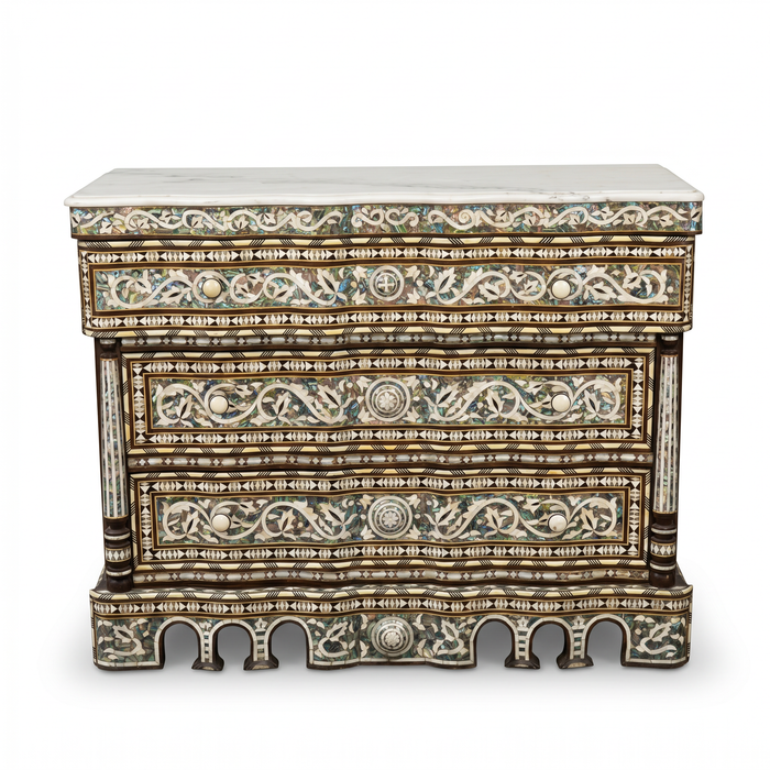 Mother of Pearl & Wood Serpentine Commode — Arabesque Inlay with White Marble Top