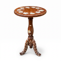 Walnut & Mother of Pearl Pedestal Side Table — Floral Wreath Inlay — Set of 2
