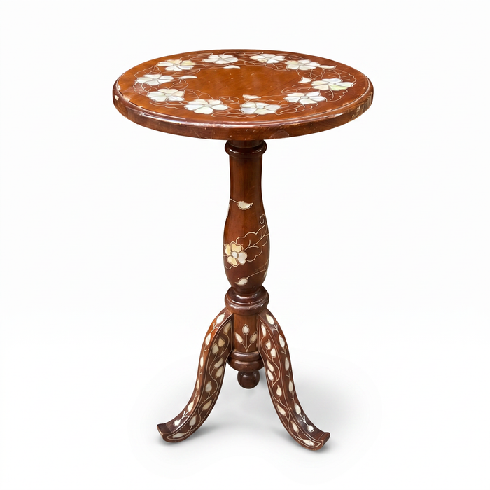 Walnut & Mother of Pearl Pedestal Side Table — Floral Wreath Inlay — Set of 2