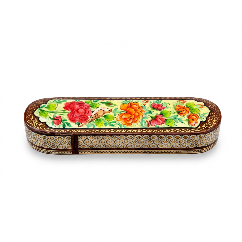 Khatam Micro-Mosaic & Hand-Painted Elongated Case — Peony Garden with Bird
