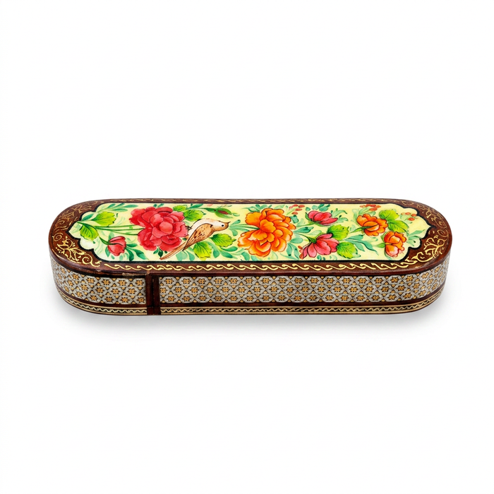 Khatam Micro-Mosaic & Hand-Painted Elongated Case — Peony Garden with Bird