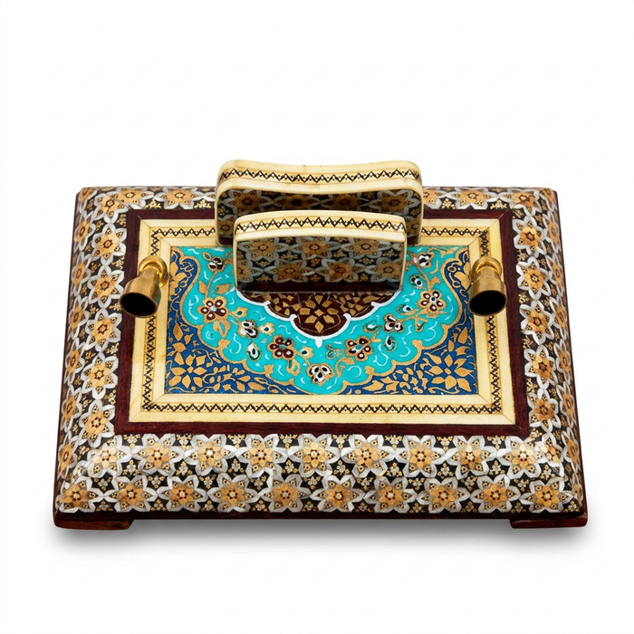 Khatam Micro-Mosaic & Enamel Desk Organiser — Pen Holder & Business Card Tray