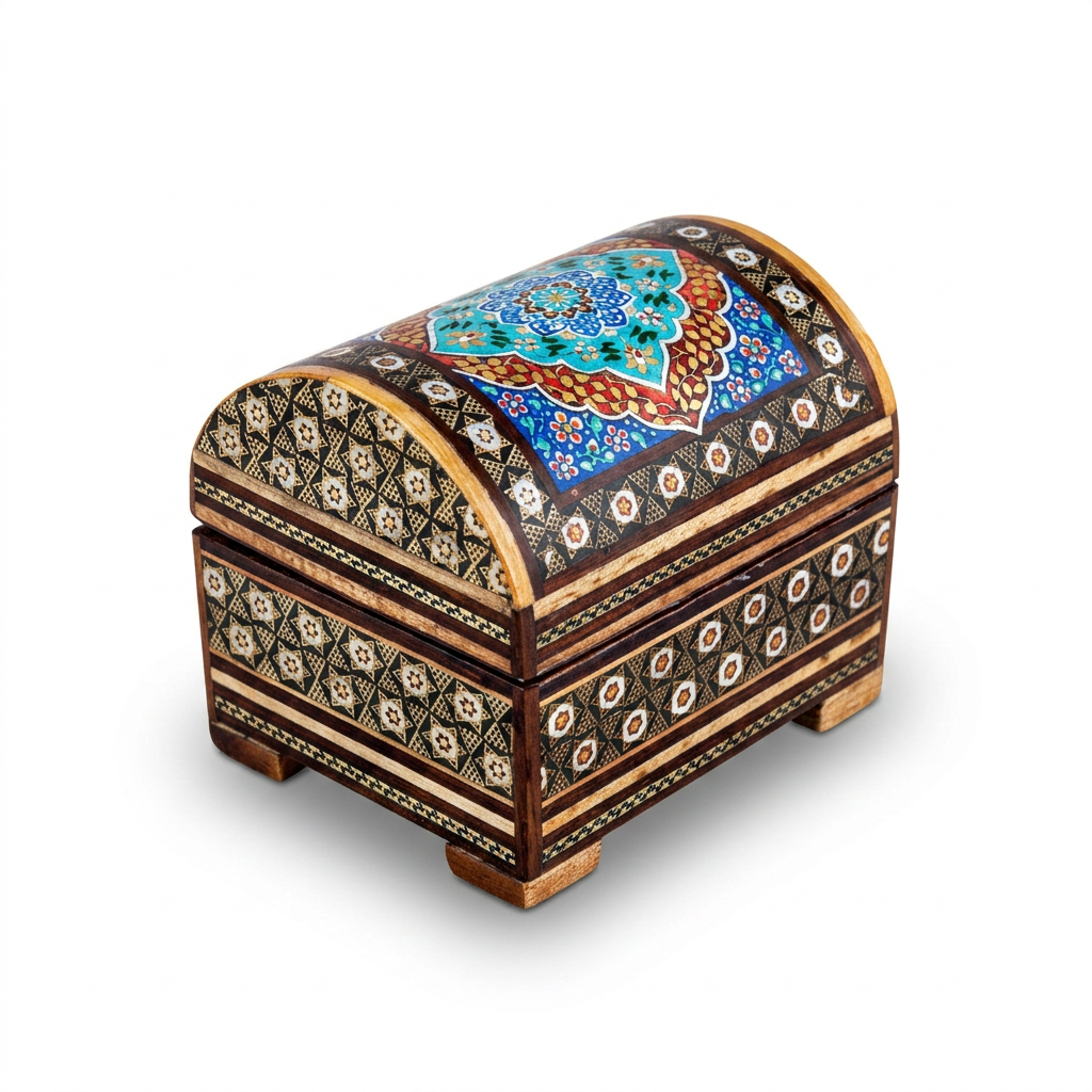 Khatam Micro-Mosaic & Hand-Painted Dome Jewellery Chest — Polychrome Medallion Lid